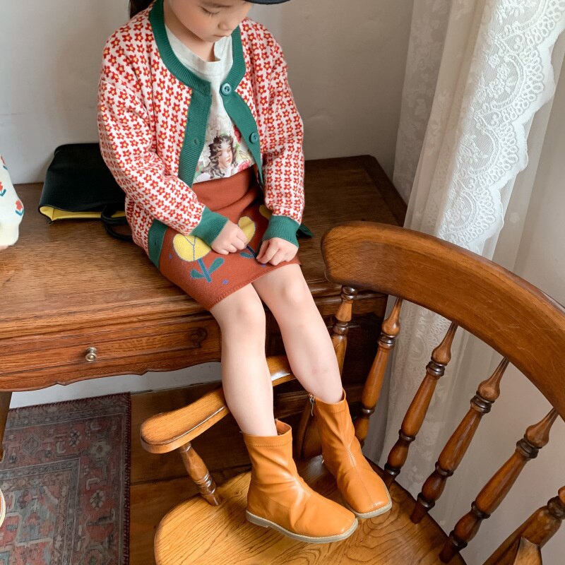Moda Casual gonna bambino dolce carino motivo floreale cotone mezza lunghezza Faldas autunno ragazze maglieria dritta Faldas Cortas: Orange / 110-3-4T