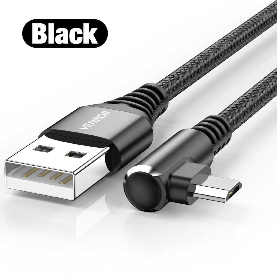 Venroii Snelle Opladen Micro Usb Kabel 90 Graden Mobiele Telefoon Game Cord Android Draad Voor Samsung Xiaomi Redmi 7A Huawei honor 8X: Black / 1.8m