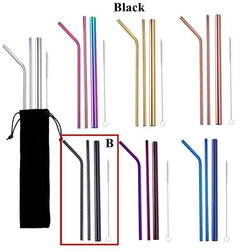 4pcs Stainless Steel Straws Eco-friendly Straw Reusable Drinking Straws with Clean Brush Coffee Milk Tea Straw Bar Home Tools: Black B
