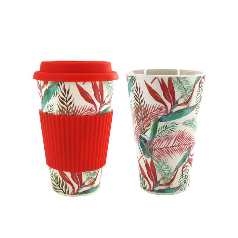400ml Eco-Friendly Bamboo Fiber coffee mug with chinese painting reusable Anti-scalding Milk tea travel mugs and cups e: Red
