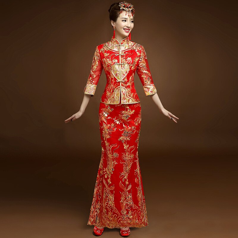 Rode traditionele Chinese stijl Bruid trouwjurken Borduren cheongsam gown robe Party avondjurk trouwen Qipao Vestido S-XXL: Womens - 3 / M