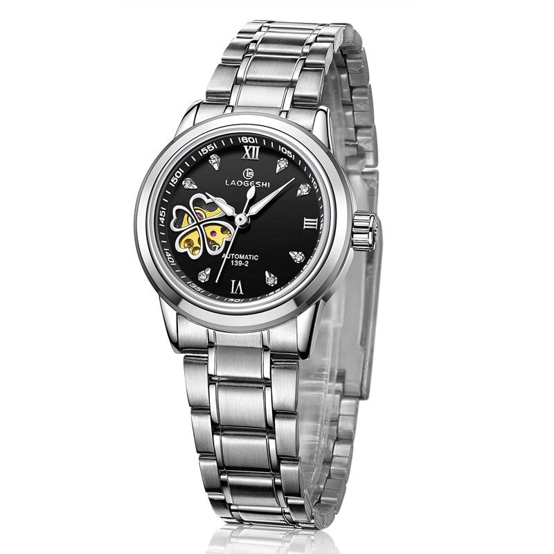Vrouwen Automatische Mechanische Horloges Diamant Klavertje Vier Horloges Dames Rose Lederen Horloge Waterdicht Senhoras Assistir: Ivoor