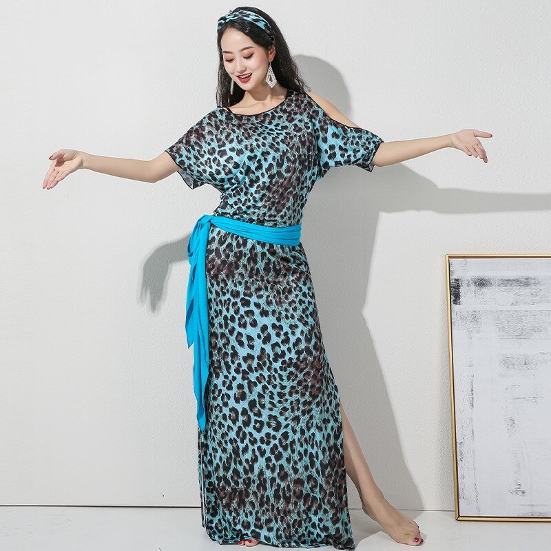 Conjunto de disfraz de Baladi Shaabi para mujer, ropa holgada de 4 piezas para espectáculo de danza del vientre, vestido largo con cinturón, estampado de leopardo, novedad de