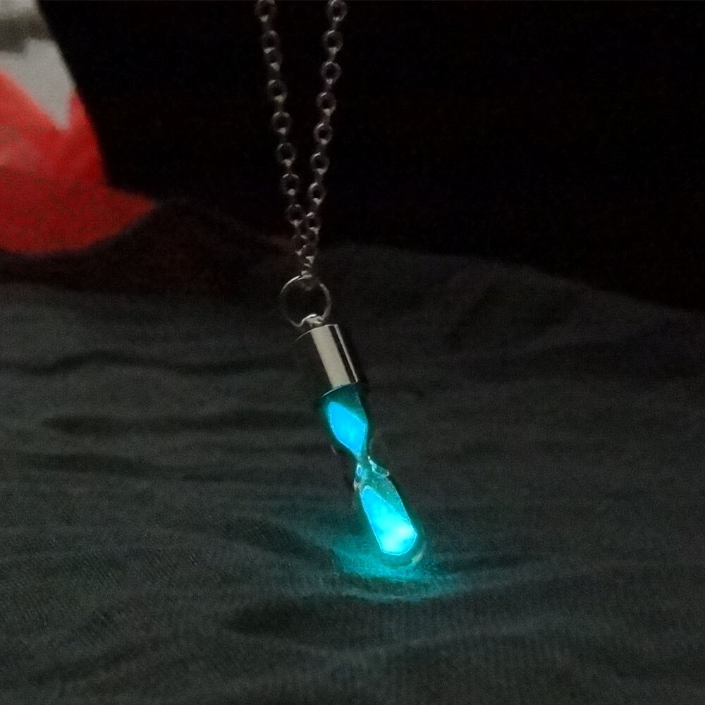 Glow In The Dark Hourglass Necklace Glass Pendant Necklace Silver Chain Luminous pendant Jewelry Women Gem Accessories