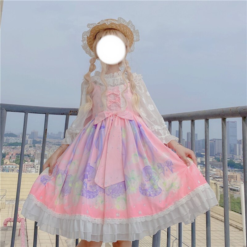 Japanese girl dress Soft Girl Summer Jellyfish lolita dress Daily sling jsk dress Female Kawaii Lolita Dress victorian dress: only dress pink