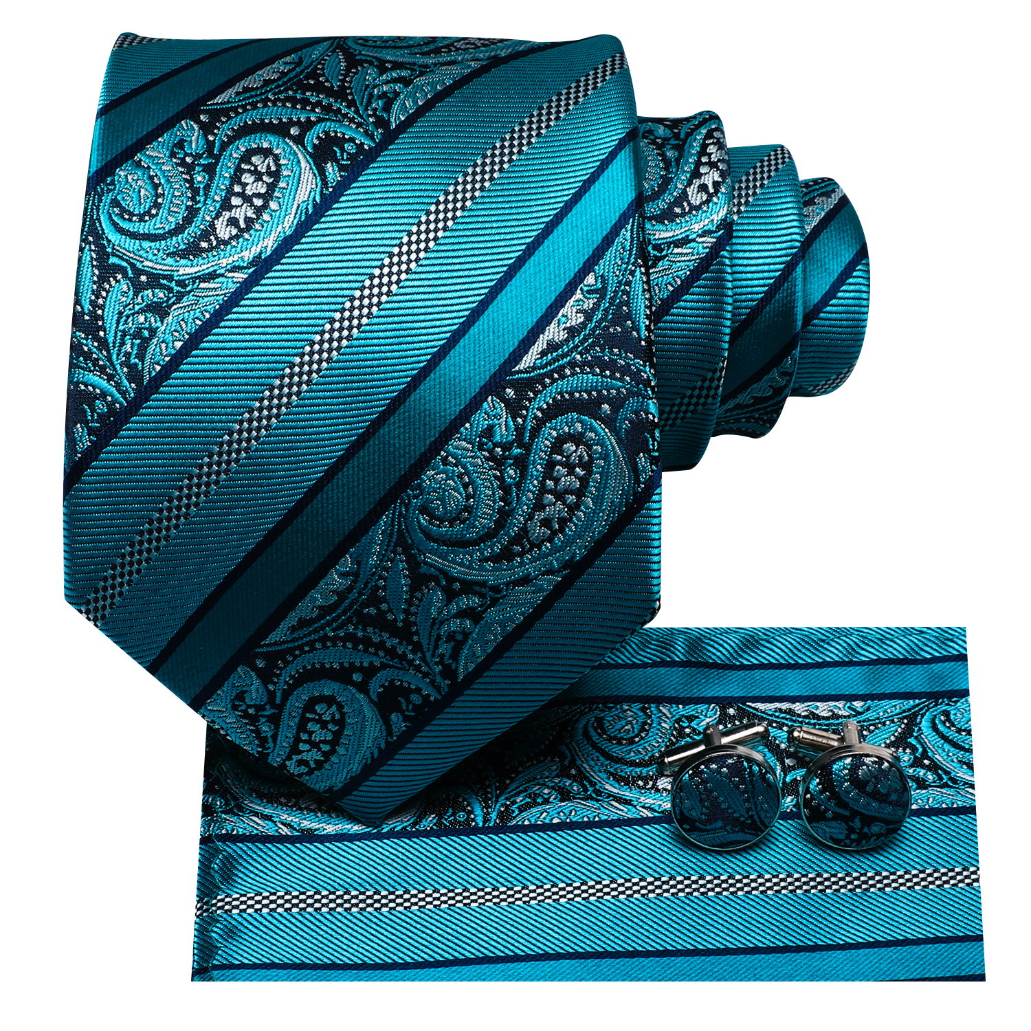 Hi-Tie Luxury Teal Blue Wedding Necktie Men's Tie Glod Collar Pin Solid Handky Cufflinks Set Tie For Men Luxury