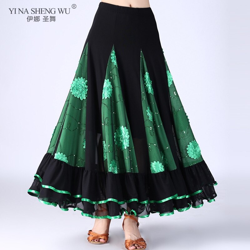 Falda larga de práctica de danza del vientre para mujer, falda grande de 9 colores, falda de baile, falda gitana, vestido de baile para mujer, falda española larga: Green