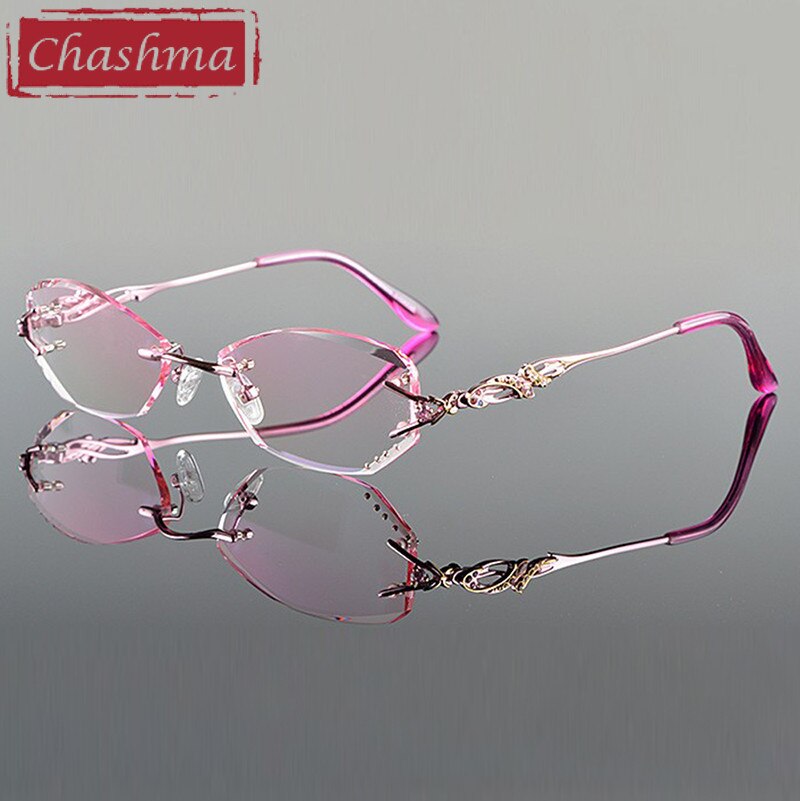 Chashma Luxury Tint Lenses Myopia Glasses Reading Glasses Diamond Cutting Rimless Prescription Glasses for Women: Pink
