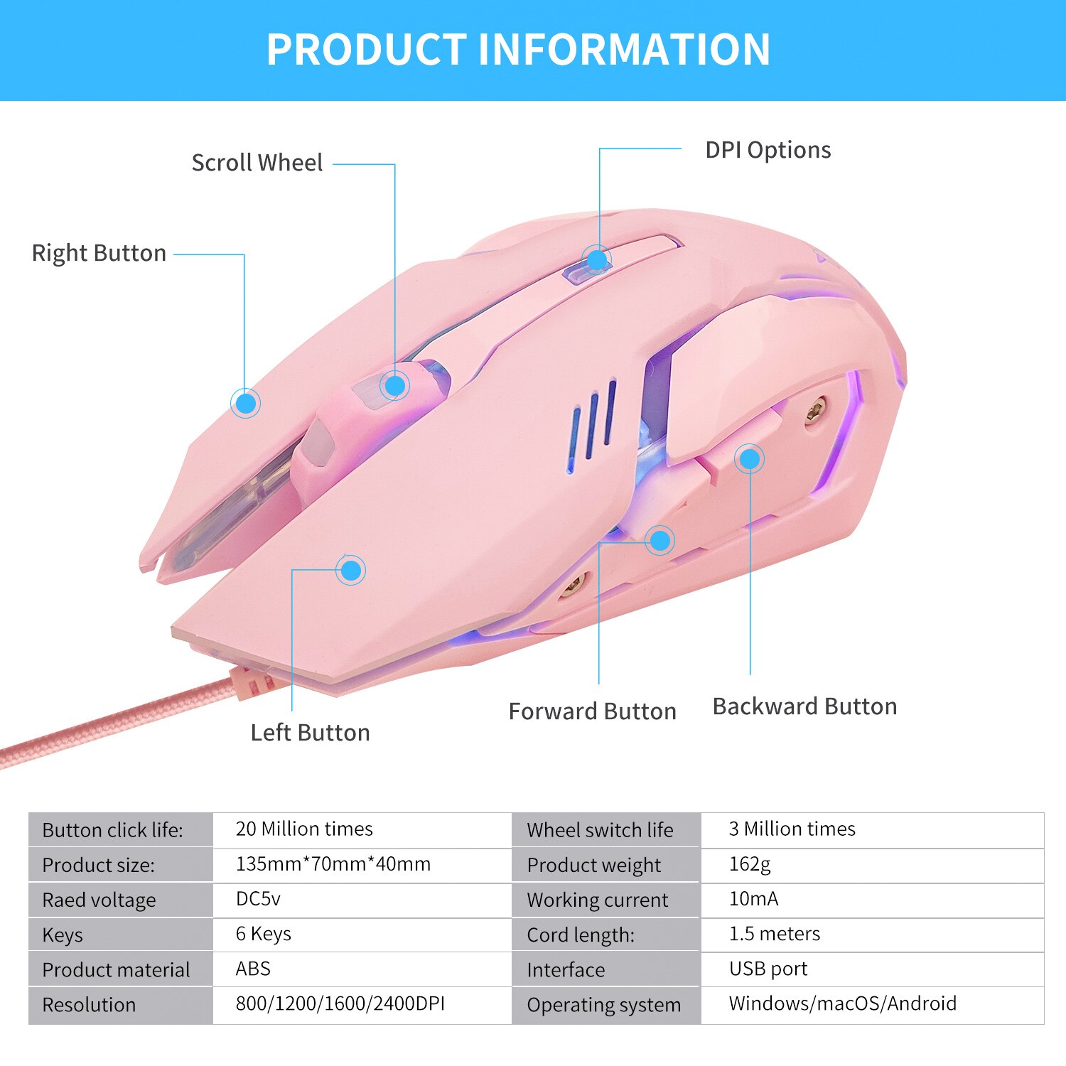 Gaming Mouse Gamer 6 Button 3000DPI Wired Ergonomic Mouse Computer Mouse Silent USB PC Mice with Backlight for Laptop