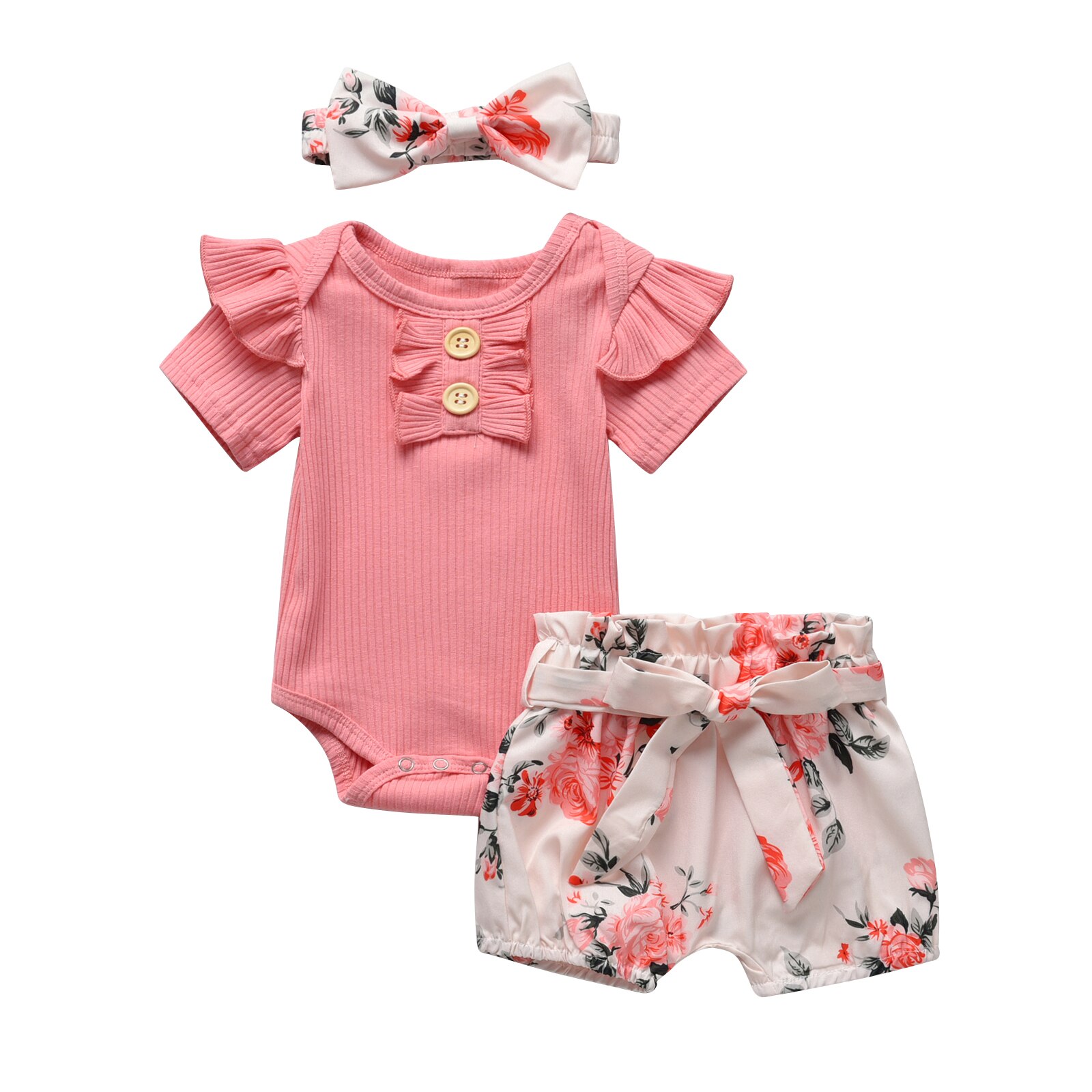3 -teiliges sommer-kleidungsset für mädchen: einfarbiger kurzarmbody für neugeborene + kurze Hose mit blumenmuster + stirnband