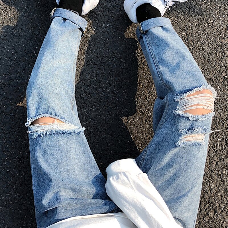 Jean déchiré hommes lavé couleur unie décontracté Jean droit pantalon hommes Streetwear sauvage lâche Hip Hop Denim pantalon hommes