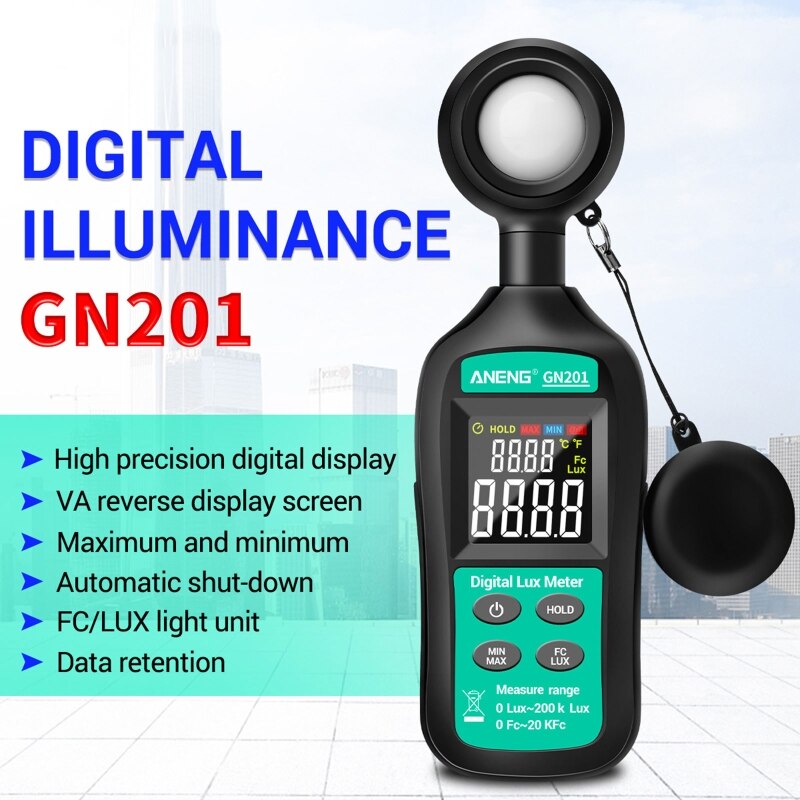 Luxómetro Digital portátil de medidor de luz 200K Lux fotómetro Metro Illuminometer ultravioleta UV radiómetro GN201
