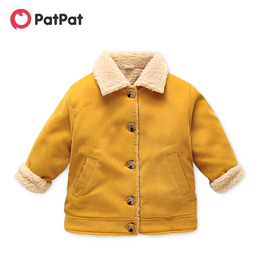 Patpat criança menino lapela colarinho botão para baixo casaco de veludo com bolso