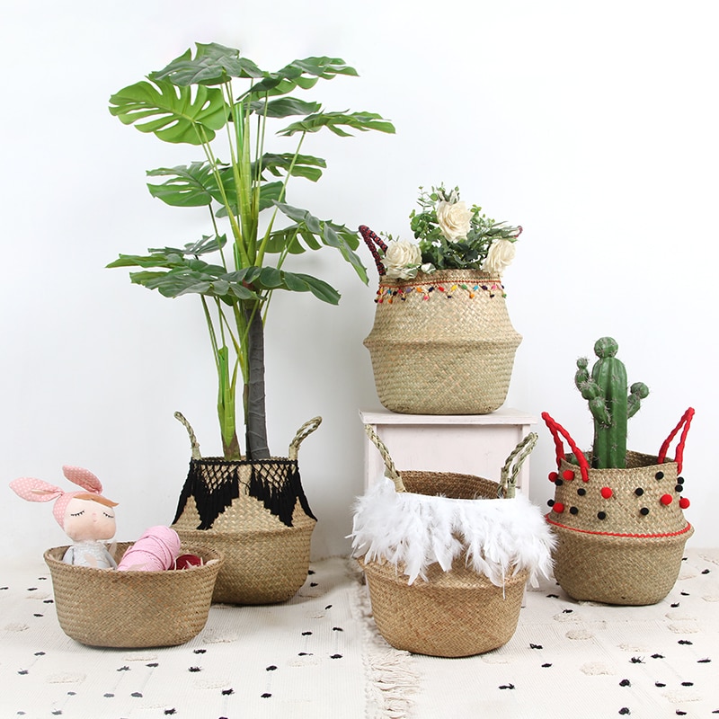 Vævet multifunktionel håndtaske flet kurv søgræs vasketøjskurv naturlig rattan blomsterkurv vase plantehave potte