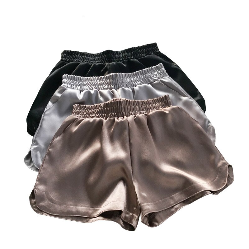 Sommar avslappnad damunderdel kvinnor satängshorts faux sidenshorts glänsande glitter vida ben kort byxa med mitten av midjan 914-a079: Champagne / M