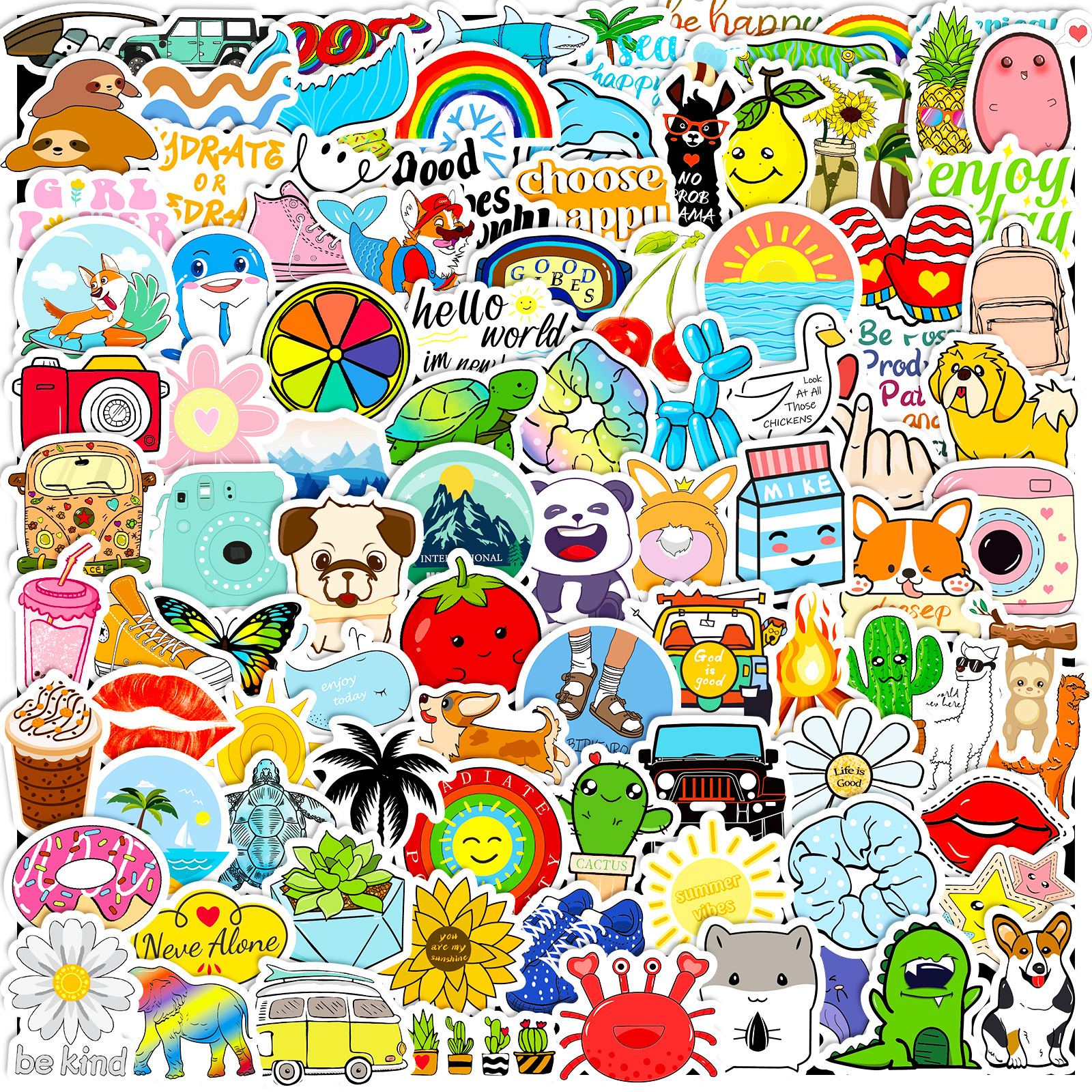 100 Uds Mini animales lindos alimentos dibujos animados pegatinas de grafiti teléfono guitarra portátil maleta taza pegatina impermeable juguete para niños: Multicolor