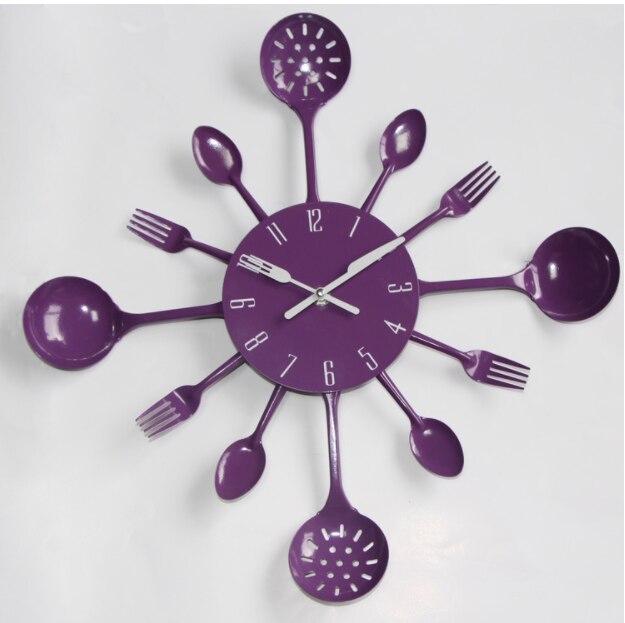 Cutlery Metal Kitchen Wall Clock Spoon Fork Quartz Wall Mounted Clocks Modern Decorative Horloge Murale: Purple2