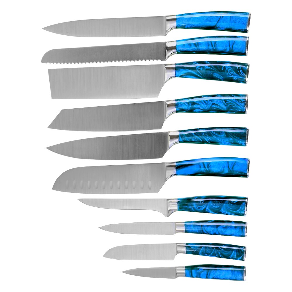 Pro Kitchen Knife Set Unique Blue Resin Handle Stainless Steel Chef Knife Santoku Slicer Paring Knives Traditional Cooking Tools