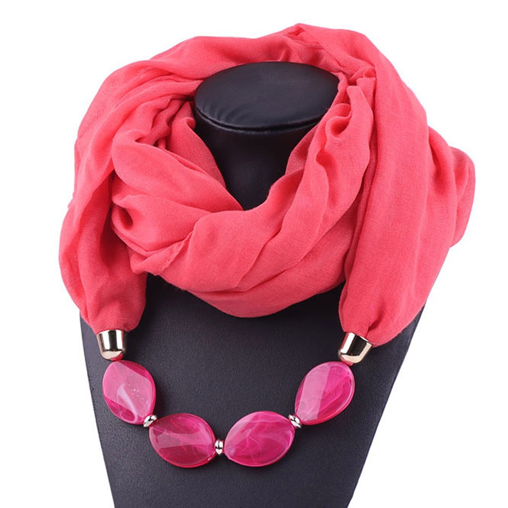 Collier de bijouterie décoratif multi-style | Collier en résine de perles, pendentif écharpe pour femmes, foulards de tête Hijab en coton lin doux, Echarpe # YJ Femme: Watermelon Red 