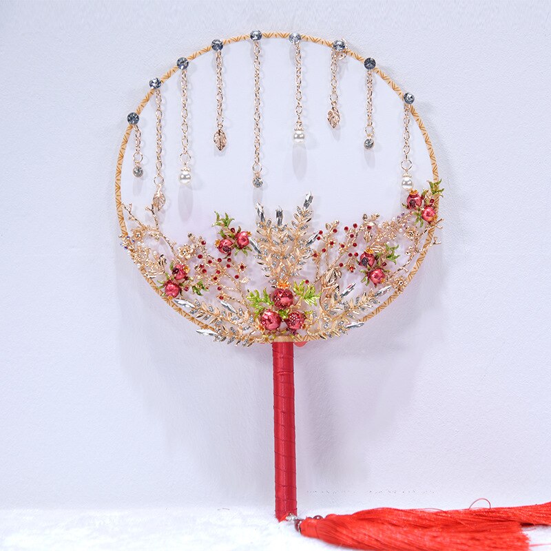 JaneVini ramo de boda de lujo chino ventilador de Granada oro flor Metal nupcial redondo abanico de mano rojo joyería boda Accesorios: Default Title