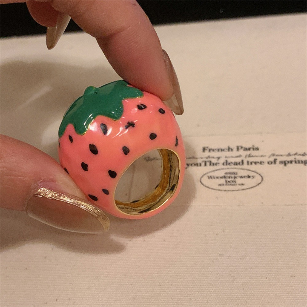 Unique Strawberry Drip Oil Ring Lemon Dripping Oil Painting Ring Korean Style Cherry Fruit Enamel Ring: GRAY
