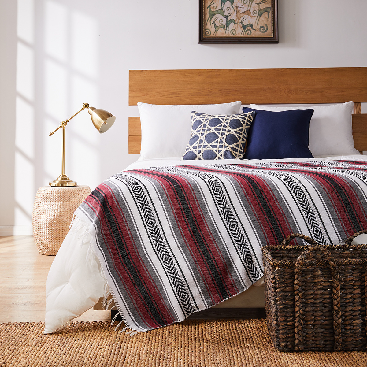 Couverture de plage de Style mexicain 130x170cm, serviette tissée à la main avec pompons, tapis pour canapé-lit, tapis de pique-nique à la maison, nappe rayée: MULTI