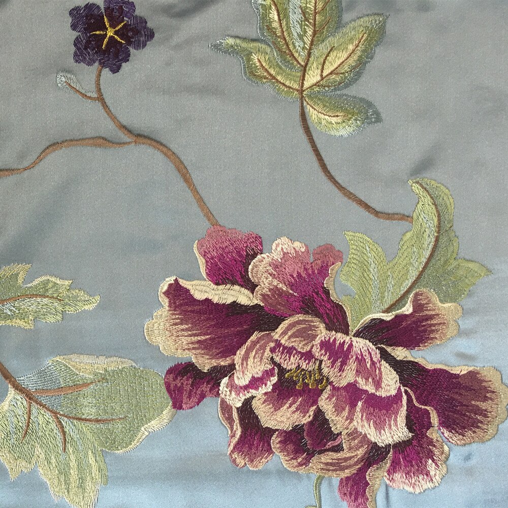 Luksuriøs kinesisk stil rose blomster broderi faux silke som hjem gardin stol pude dekorativt stof 140 cm bredde 2 farver: Lysegrøn blå