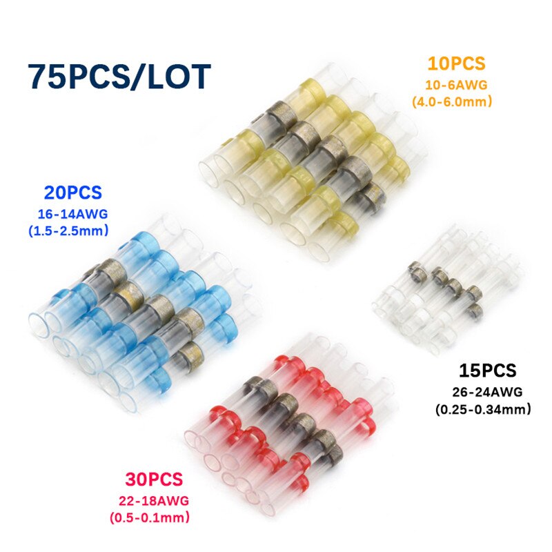 100/75/50Pcs Electrical Wire Connectors Insulated Solder Sleeve Tube Heat Shrink Sorder Terminal Waterproof Butt Connectors Kit: 75PCS with box