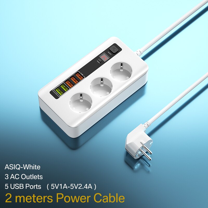 2500W Timer Smart Electrical Socket Power Strip Extension Cable With Switch Home Office Surge Protector 3 AC Outlet with 5 USB: White 2.4A