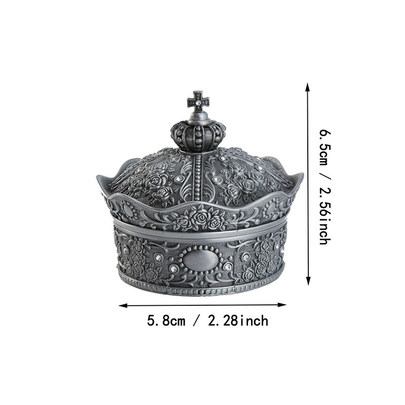 Caja de joyería de Metal con forma de corona, arte de decoración Vintage para el hogar, flor Rosa tallada, organizador de cuentas, almacenamiento de , 4 tamaños: Gris oscuro