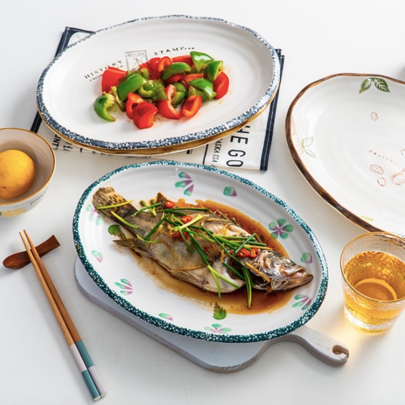 Knoedel Gerechten Thuis Keuken Vis Ovale Schotel Sushi Platen Diner Grote Keramische Barbecue Vlees Plaat Hotel Restaurant Plaat