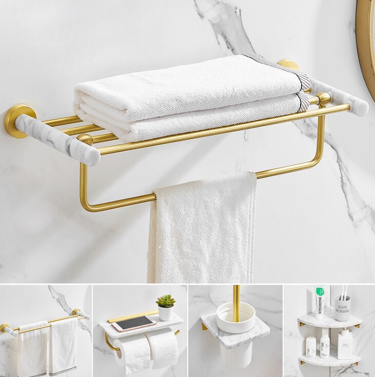 Luxury white marble bathroom towel rack brushed gold paper towel rack hardware paper holder corner shelf