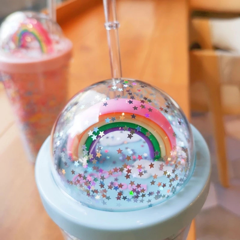 550ml Kawaii Cute Drinkware Rainbow Foam Straw Cup Girl Home Office Water Bottle Plastic Double Layer With Straw Girl