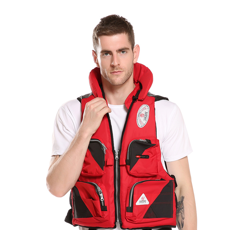 Vision nocturne gilet de pêche imperméable à l'eau col debout femmes hommes multi-poche à la dérive voile sécurité pêche vie sifflet gilet: Rouge / 3XL