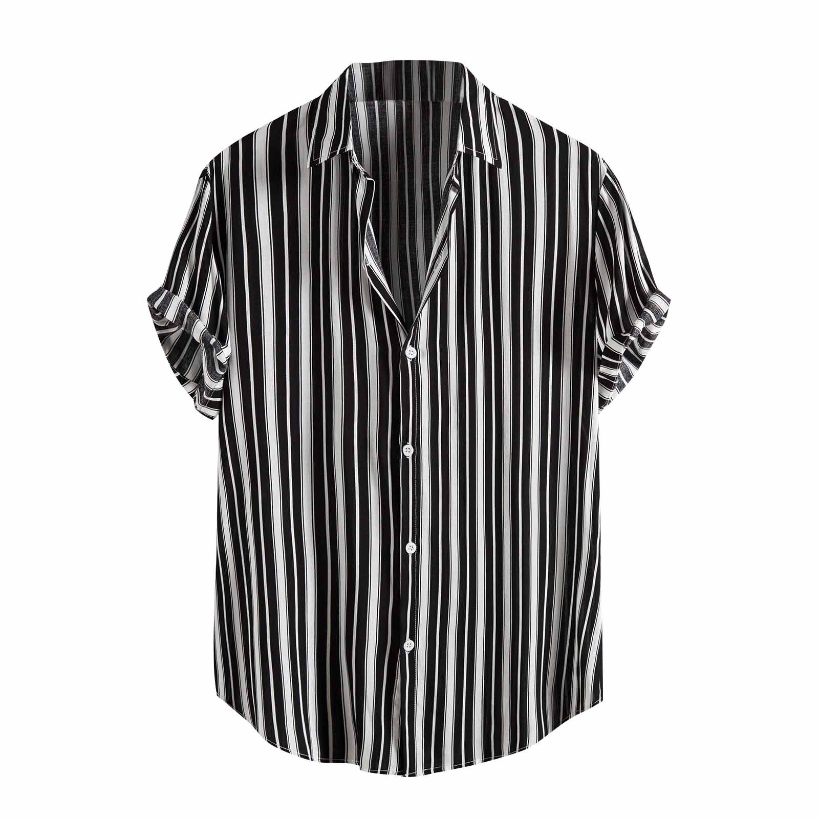 Hawaiian Shirt Man Black Stripe Shirt Turn-down Collar Shirts Short Sleeve Casual Beach Male Blouse Camisas Hombre