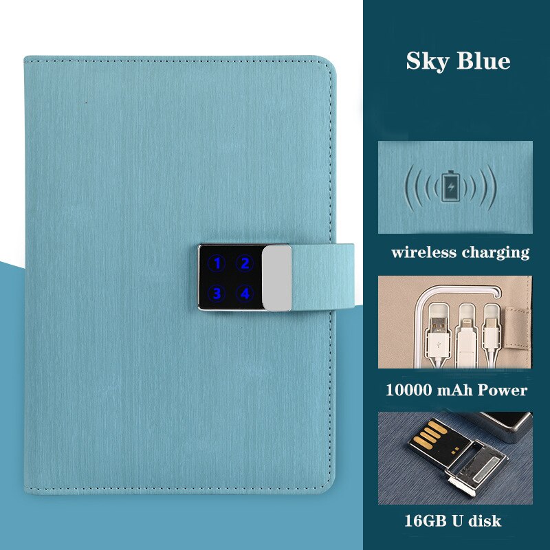 smart notebook password lock notepad wireless charging tape U disk charging intelligent digital touch password lock notebook: Sky blue