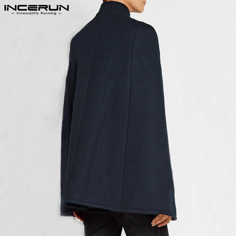 Men Cloak Coats Solid Color Double Breasted Trench Faux Fleece Blends Cape Stand Collar Mens Jackets Streetwear INCERUN