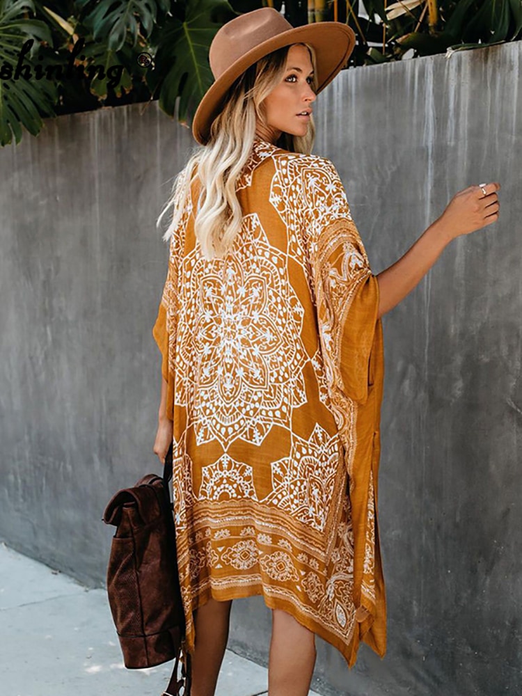 Fitshinling etnisk vintage strand kimono blomst gul oversize bikini cover up badetøj 2022 sommer boheme uregelmæssig cardigan: Gul