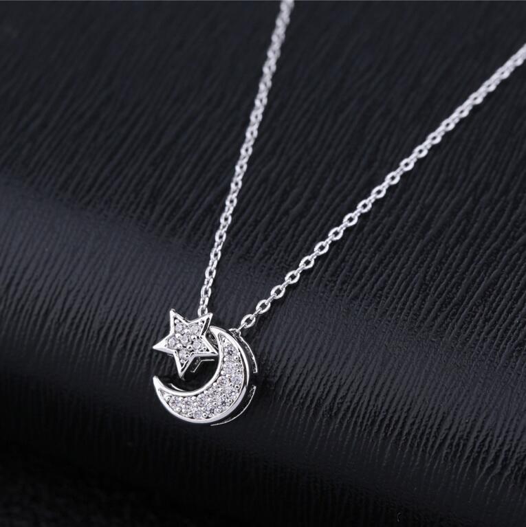 Trendy Zirconia Zilveren Plating Moon Star Hanger Ketting Mode Gouden Ketting Kettingen Voor Vrouwen Bruiloft Sieraden: Silver