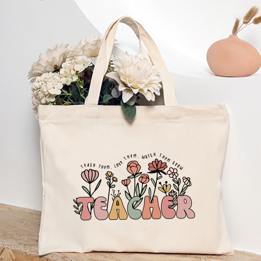 Blumen lehrer aufbringen Druck Einkaufstasche Frauen wieder verwendbare lässige Öko-Stoff Tasche Lehrer Werts ch ätzung besten Lehrer Schild: Beige