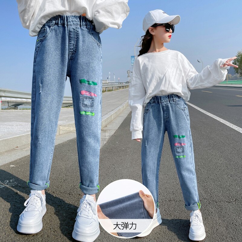 Pantalones vaqueros rasgados para adolescentes y niñas, pantalón informal de tendencia azul que combina con todo, 12, 13 y 14 años, primavera 2022