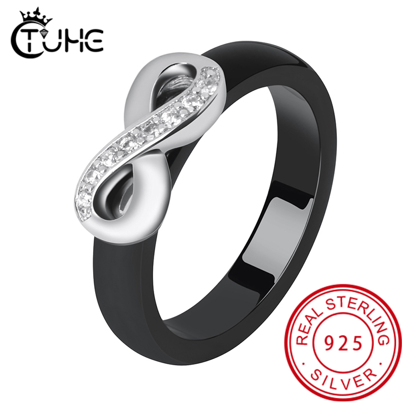925 Rings Women 4mm Black White Ceramic Ring India Stone Crystal Infinity Comfort Wedding Rings Engagement Brand Jewelry