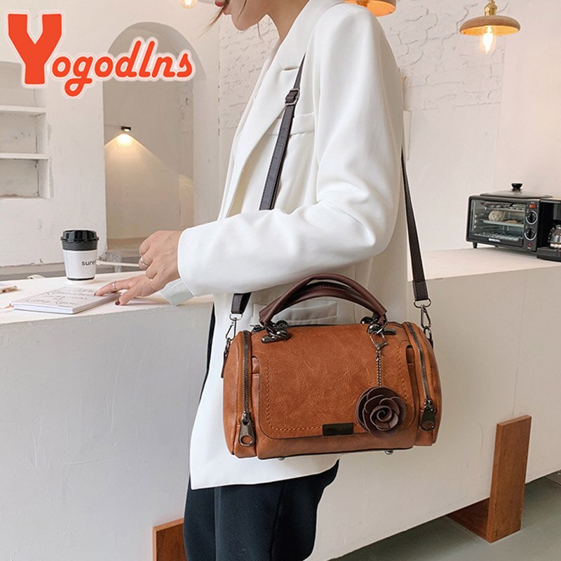 Yogodlns 2022 flowers Pendant Handbag Women&#39;s Boston bags single shoulder bag ladies crossbody bag PU messenger bag