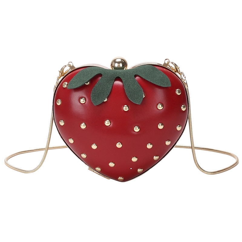 Fggs-strawberry bag wild hit color söt budbagsväska clutch söt hjärtformad jordgubbskedjefodral dam kedjeplånbok axel: Röd