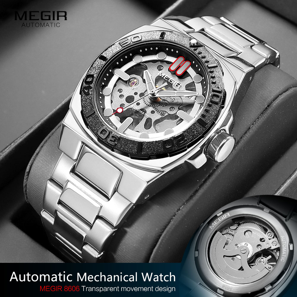 MEGIR Heren Automatisch Mechanisch Horloge - Skeleton Wijzerplaat, Roestvrij Staal Band, 3Bar Waterdicht