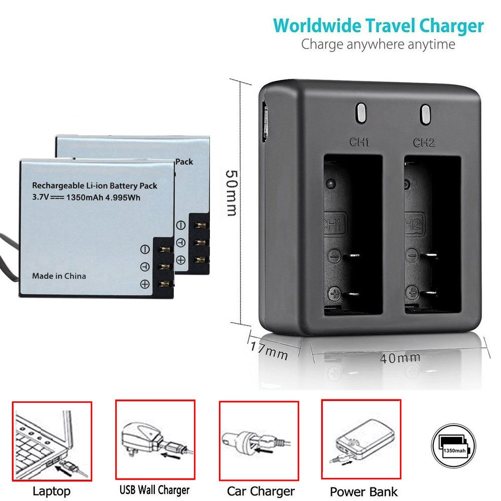 1350mAh Batterie mit Ladegerät für AKASO EK7000 Mutig 4 V50x EKEN H9 h9r H5sPlus h6s SJ4000 Sj5000 SJ7000 SooCoo c30 C50 f68