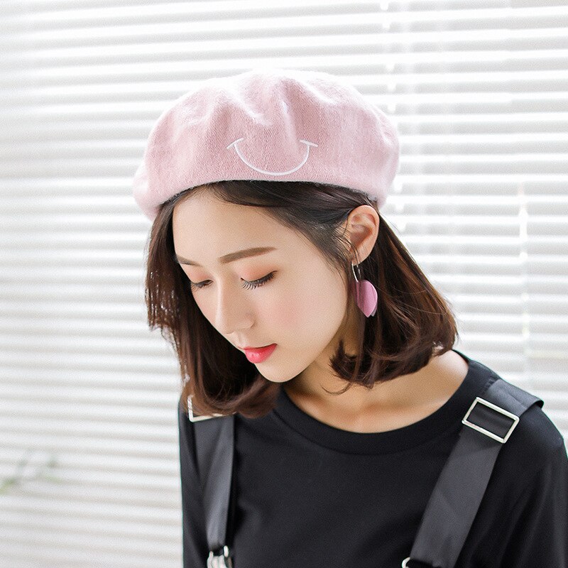 Køligt forår efterår vinter kunstner hue hue kvinder piger maler kasket baret broderi smil ansigt kat rose solid hue baret hat: Simle ansigt pink