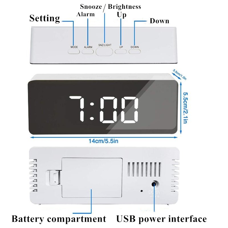 Spejl vækkeur digital snooze bordur vågne lys elektronisk tid temperatur display led makeup vækkeur