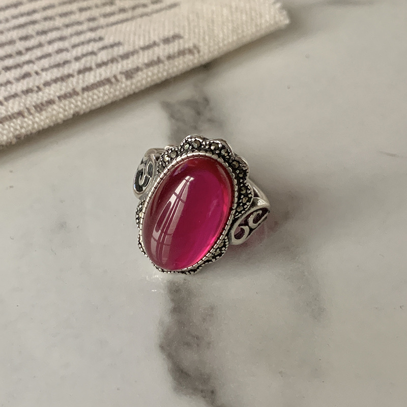 Persoonlijkheid Retro Overdrijving Grote Granaat Steen Thaise Zilveren Vrouwelijke Trouwring Hand Sieraden Accessoires Nooit Vervagen