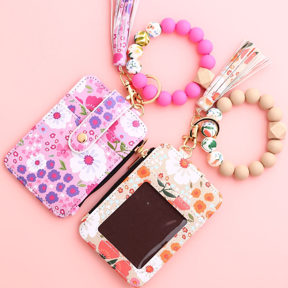Silicone bead pu leather key chain wristlet id credit card holder keychain wallet for women Pink Flower Print Wallet